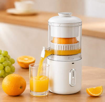 A white countertop electric juicer with a clear upper chamber is shown squeezing an orange and pouring juice into a glass. More oranges, a bunch of green grapes, and a sliced orange are arranged on a wooden table in a bright kitchen setting.